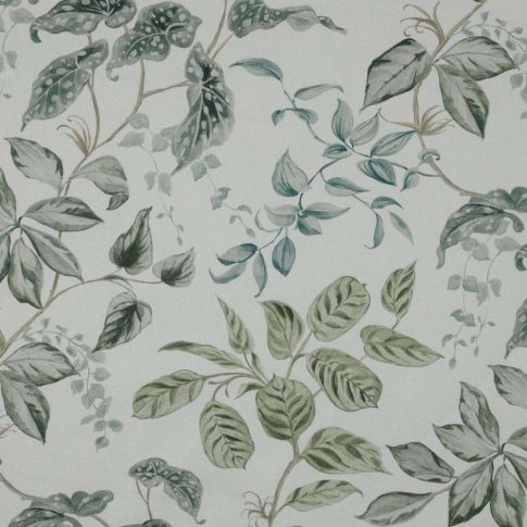 Tissu Toile de Coton Canvas Poppy Feuillage tons vert sur fond Blanc