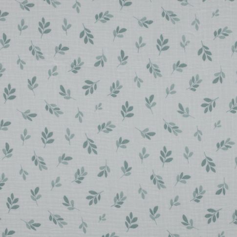 Tissu Double gaze de Coton feuilles Foliette vertes sur fond Blanc