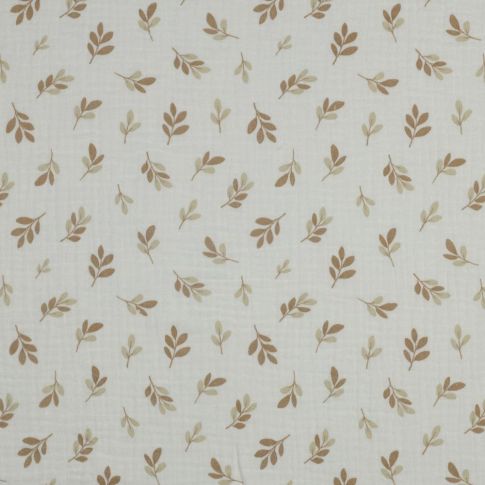 Tissu Double gaze de Coton feuilles Foliette brunes sur fond Blanc cassé