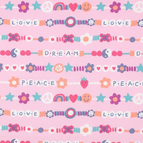 Tissu popeline de Coton  Peace sur fond Rose clair