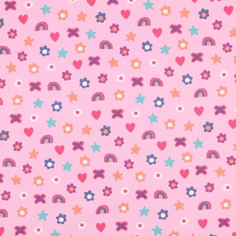 Tissu popeline de Coton  Rainbow sur fond Rose clair