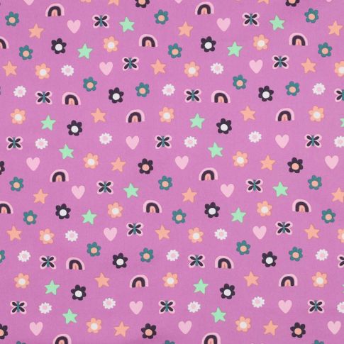 Tissu popeline de Coton  Rainbow sur fond Violet