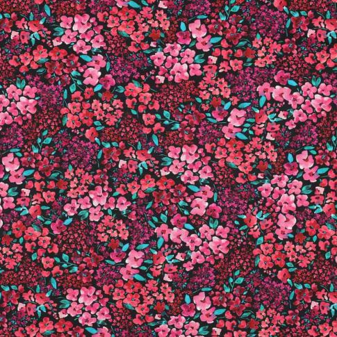 Tissu Popeline de Coton  fleurs Cléophée rouges sur fond Noir