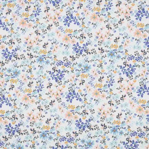Tissu Voile de Coton fleurs Eglantine sur fond Blanc cassé