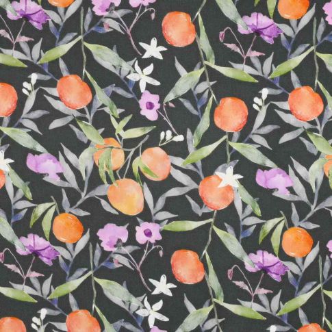 Tissu Viscose  Citrina agrumes Oranges sur fond Noir