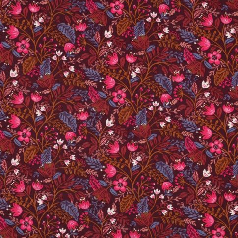 Tissu Jersey Coton Fleuris Lili sur fond Bordeaux