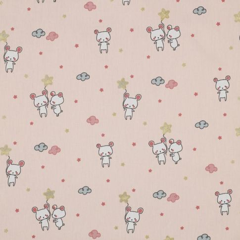 Tissu Popeline de Coton LittleBird Petites souris et étoiles sur fond Rose nude
