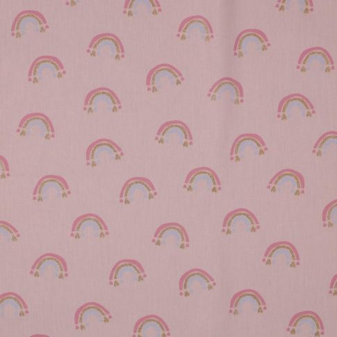 Tissu Popeline de Coton Poppy LittleBird Arc-en-ciel doré sur fond Rose