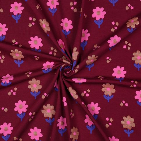 Tissu Jersey Coton imprimé Fleurs pailletées Rose et taupe sur fond Bordeaux