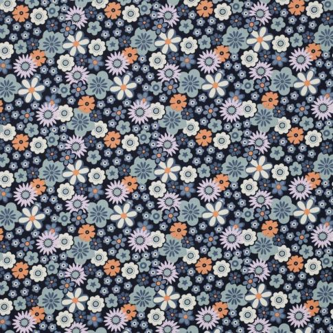 Tissu Velours milleraies imprimé Fleurs Lou sur fond Bleu marine