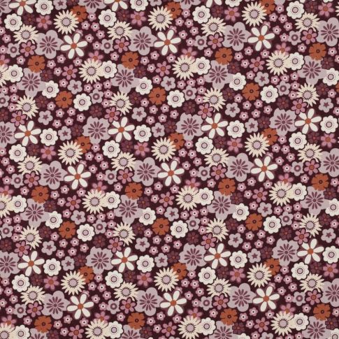 Tissu Velours milleraies imprimé Fleurs Lou sur fond Bordeaux
