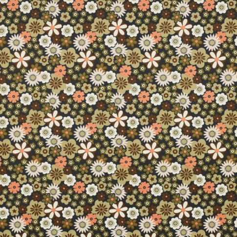 Tissu Velours milleraies imprimé Fleurs Lou sur fond Vert kaki