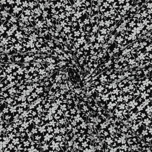 Tissu Viscose imprimé Petites fleurs Blanche sur fond Noir