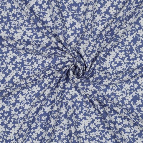 Tissu Viscose imprimé Petites Fleurs Blanche sur fond Bleu gris