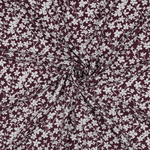 Tissu Viscose imprimé Petites Fleurs Blanche sur fond Bordeaux foncé