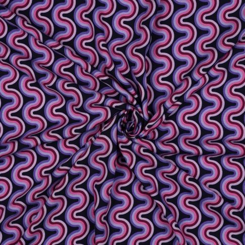 Tissu Viscose imprimé vaguelettes rétro tons Violet sur fond Noir