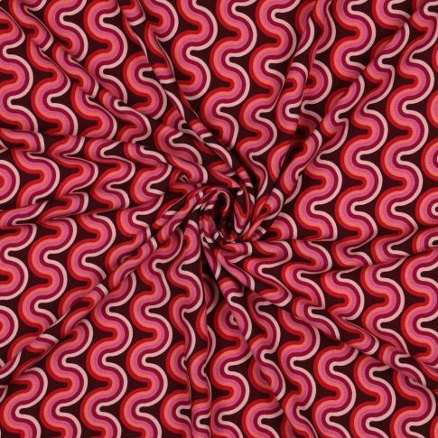 Tissu Viscose imprimé vaguelettes rétro tons Rouge sur fond Noir