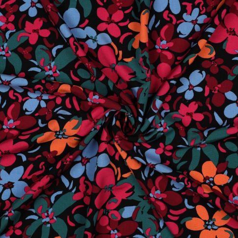 Tissu Viscose imprimé orchidées rouge et vert canard sur fond Noir