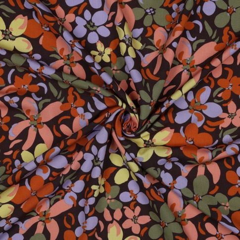 Tissu Viscose imprimé orchidées kaki sur fond Noir