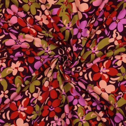 Tissu Viscose imprimé orchidées Multicolores sur fond Noir