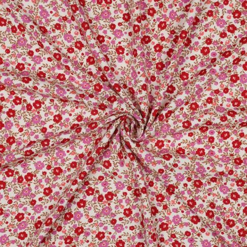 Tissu Viscose imprimé Petites fleurs Rose et Rouge sur fond Ecru