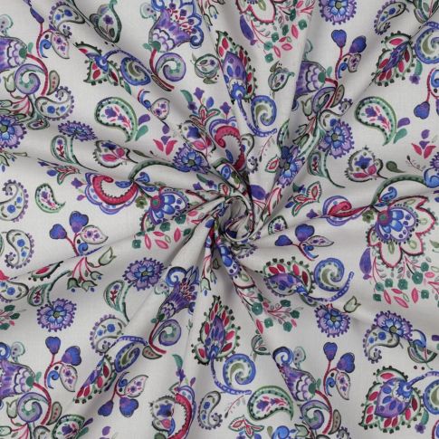 Tissu Voile de Coton digital fleurs Multicolores sur fond Blanc cassé