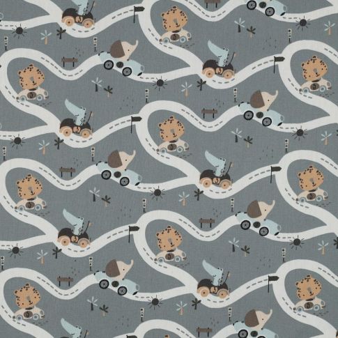 Tissu Popeline de Coton Poppy LittleBird Enfant sur fond Bleu gris