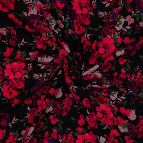 Tissu Viscose EcoVero digital fleurs Rouge sur fond Noir