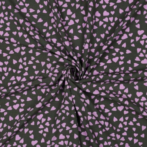 Tissu Viscose EcoVero petits coeurs Lila sur fond Noir