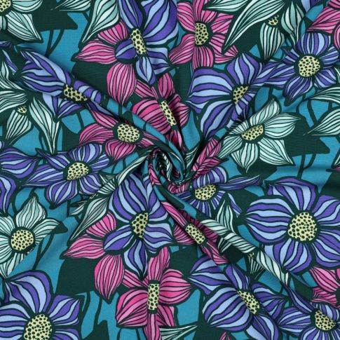 Tissu Viscose EcoVero tapis fleurs Rose, Bleu et Vert jade sur fond Vert sapin