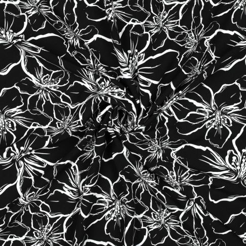 Tissu Viscose EcoVero grandes fleurs Blanche sur fond Noir