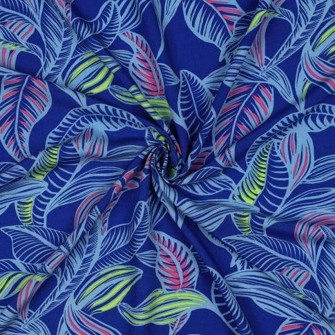 Tissu Viscose EcoVero feuilles Tropicales sur fond Bleu cobalt