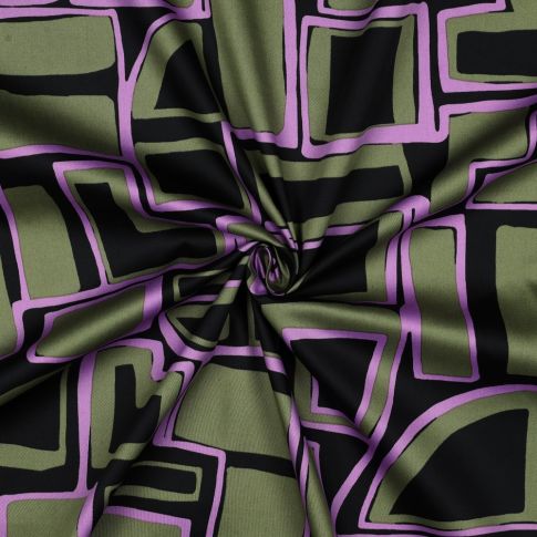 Tissu Coton satiné motifs géométrique sur fond Noir