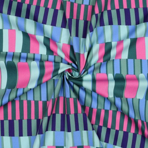 Tissu Coton Viscose rayures Rose, Bleu et Vert forêt sur fond Vert jade