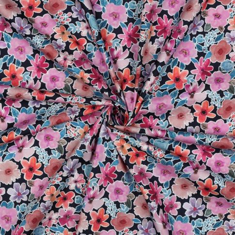 Tissu Popeline de Coton digital petites fleurs sur fond Noir