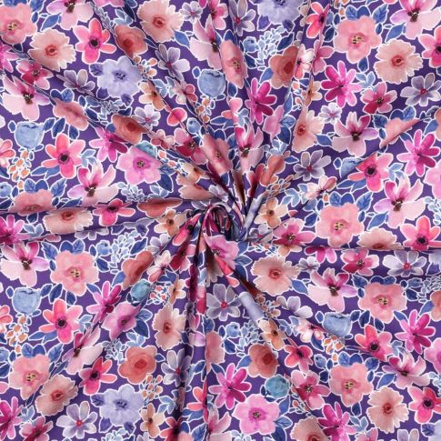 Tissu Popeline de Coton digital petites fleurs sur fond Violet