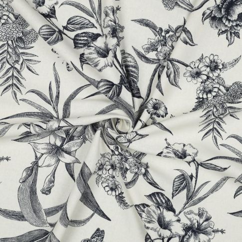 Tissu Viscose Lin grand Herbier Bleu marine sur fond Ecru