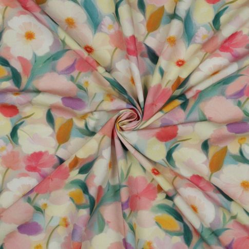Tissu Viscose imprimé digital Rose clair sur fond Blanc cassé