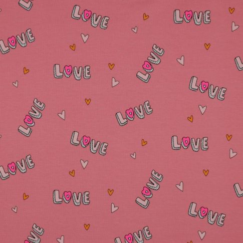 Tissu Jersey Coton Love sur fond Vieux rose