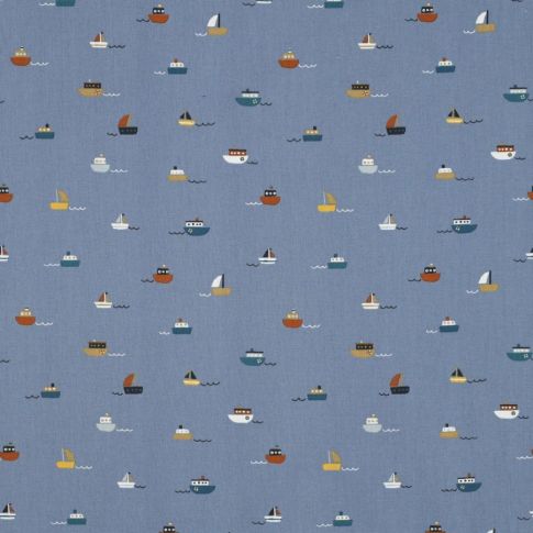 Tissu Coton enduit Boat sur fond Bleu gris