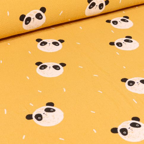 Tissu Coton lavé Têtes de Pandas sur fond Jaune