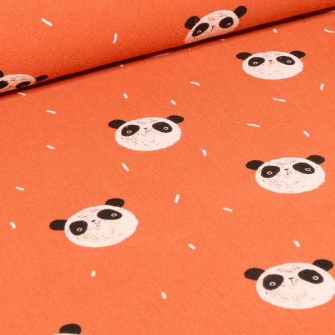 Tissu Coton lavé Têtes de Pandas sur fond Orange