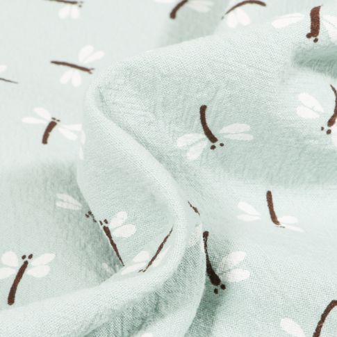 Tissu Coton lavé Libellule sur fond Vert menthe clair