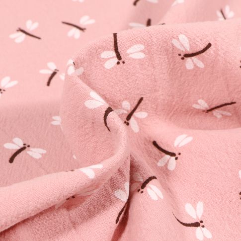 Tissu Coton lavé Libellule sur fond Rose