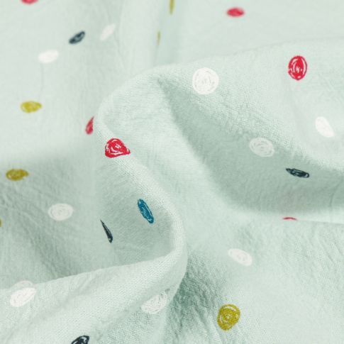 Tissu Coton lavé Pois colorés sur fond Vert d'eau