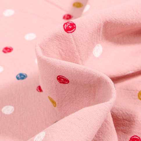 Tissu Coton lavé Pois colorés sur fond Rose