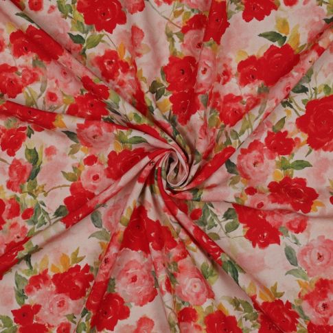 Tissu Viscose imprimé digital bouquets Rose sur fond Blanc cassé