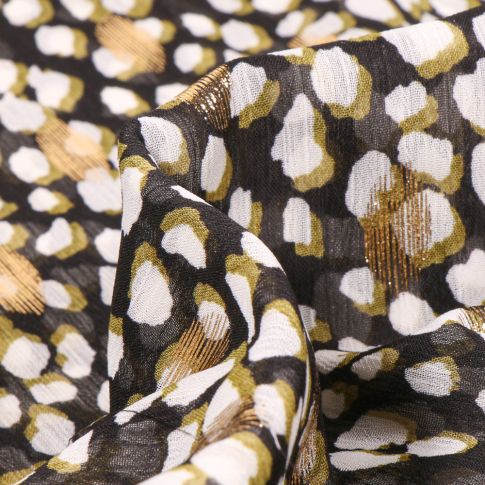 Tissu Mousseline Taches blanches anis et dorés sur fond Noir