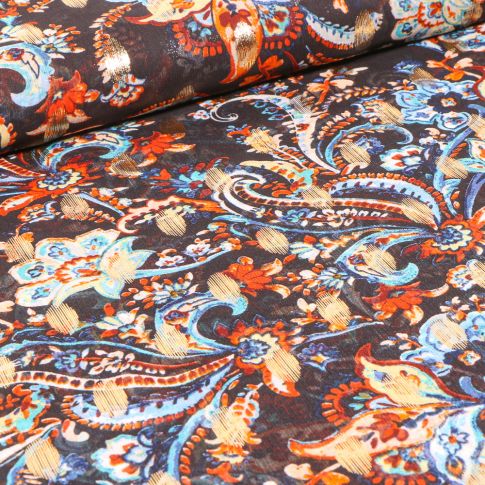 Tissu Mousseline Arabesques fleuris sur fond Noir