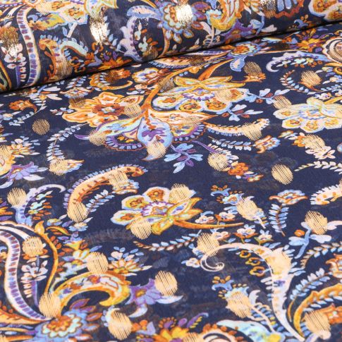 Tissu Mousseline Arabesques fleuris sur fond Bleu marine
